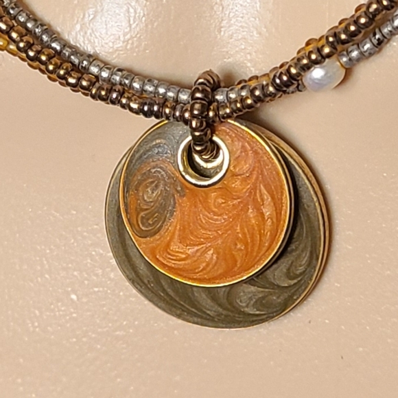 COPPER DISK PENDANTS CENTER SEED BEADED LENGTH OF 18" NECKLACE - Picture 2 of 5